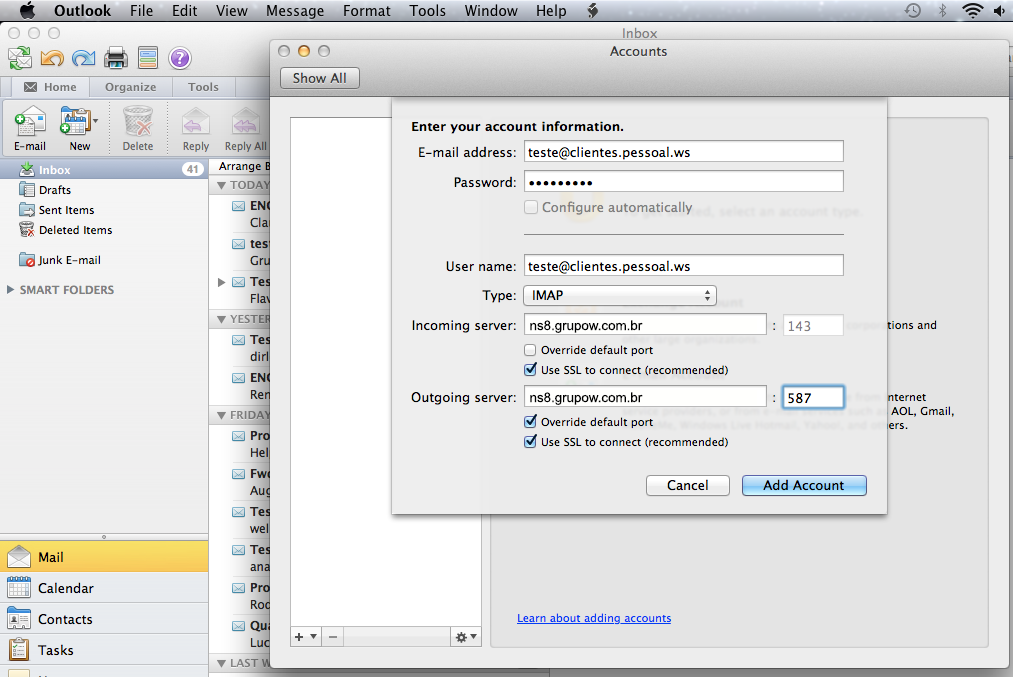 Microsoft Outlook 2011 e anteriores: Dados do servidor