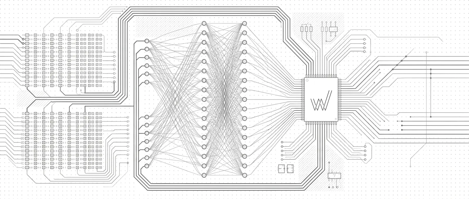 Diagrama técnico de rede neural e circuitos conectados à arquitetura de IA