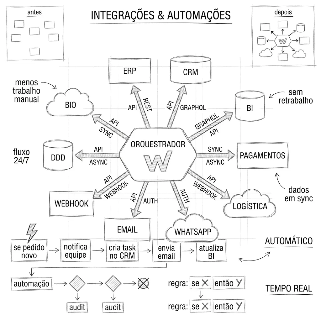 Composição visual sobre integrações e automações